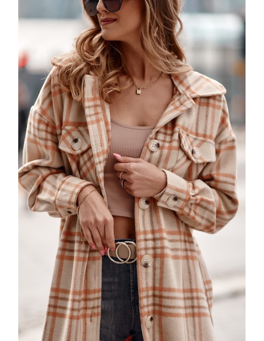 Women\'s beige orange checkered shirt coat 8892 - Online store - Boutique